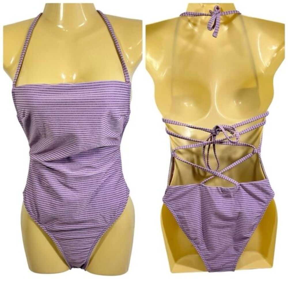 ASOS DESIGN Glitter Stripe One Piece Swimsuit Women US 4 Purple Metallic Halter